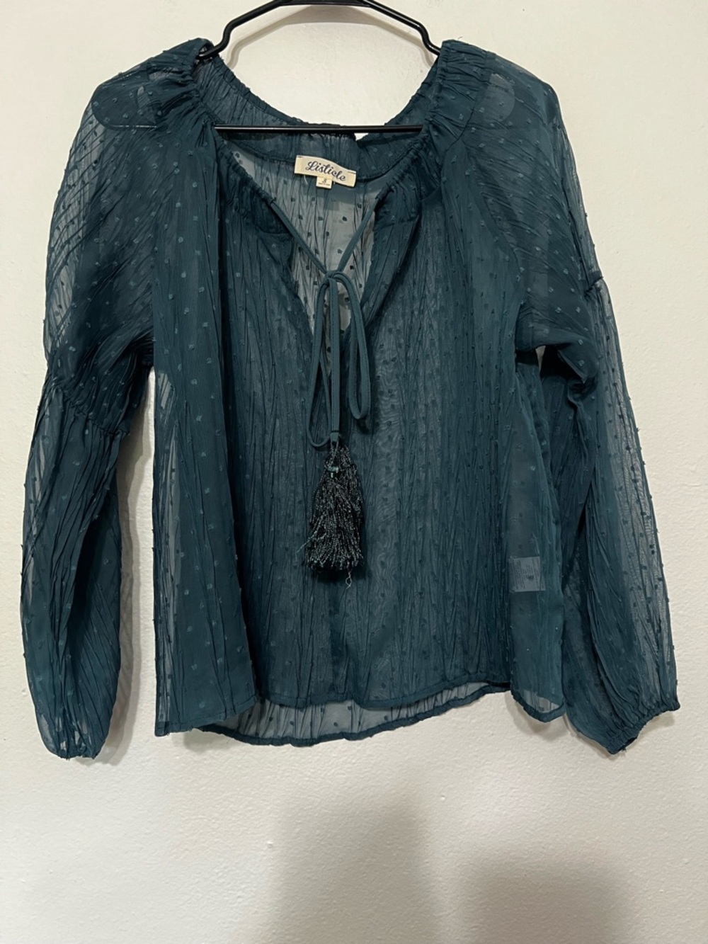 Listicle Blue Chiffon Blouse With a V-neck Tassel Tie Detail Size Small